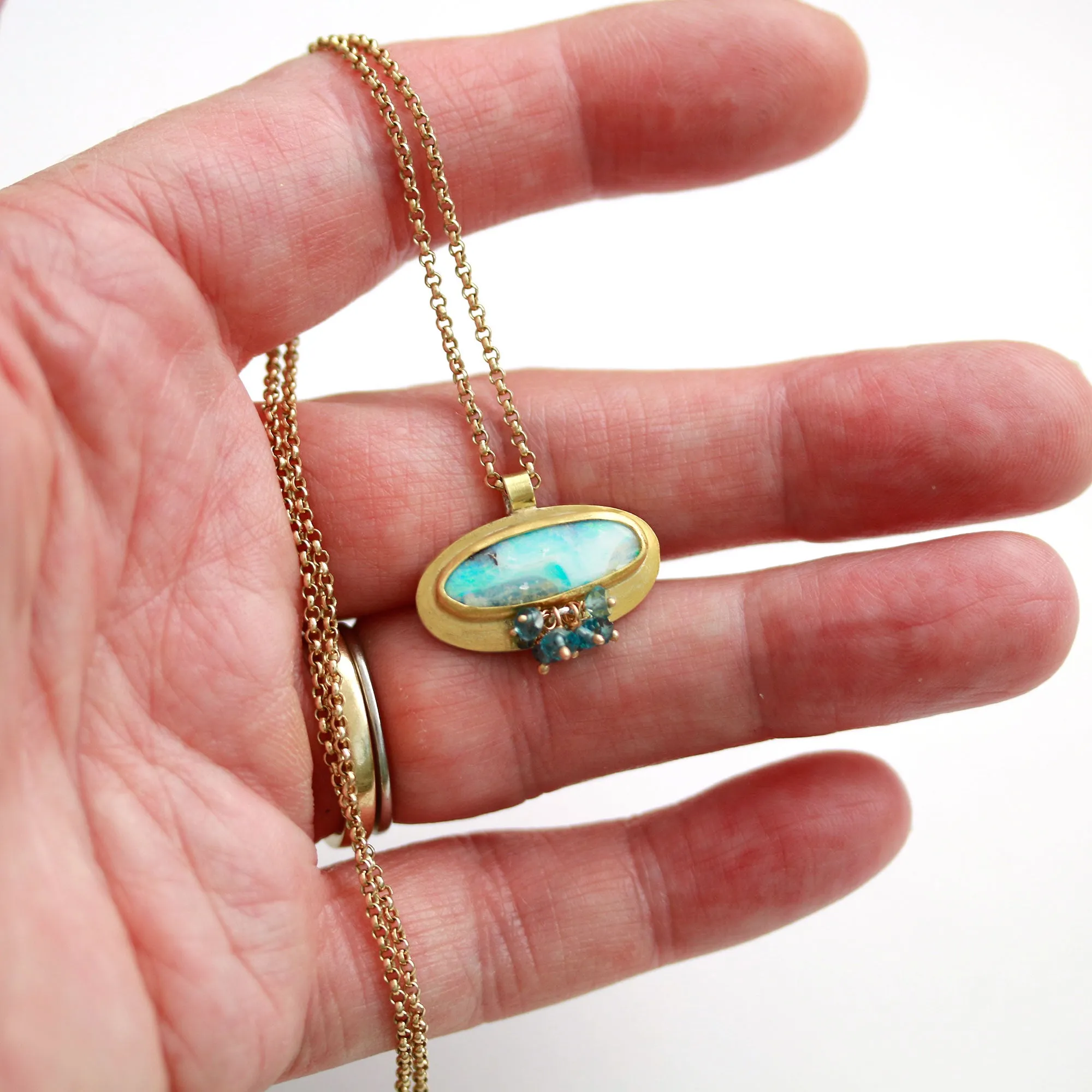 Sold! Creams and Teal Blue Swirl Boulder Opal with London Blue Topaz Cluster Necklace