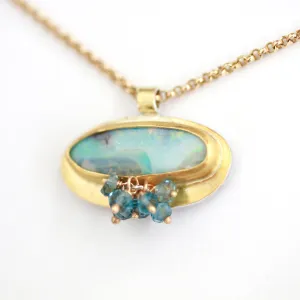 Sold! Creams and Teal Blue Swirl Boulder Opal with London Blue Topaz Cluster Necklace