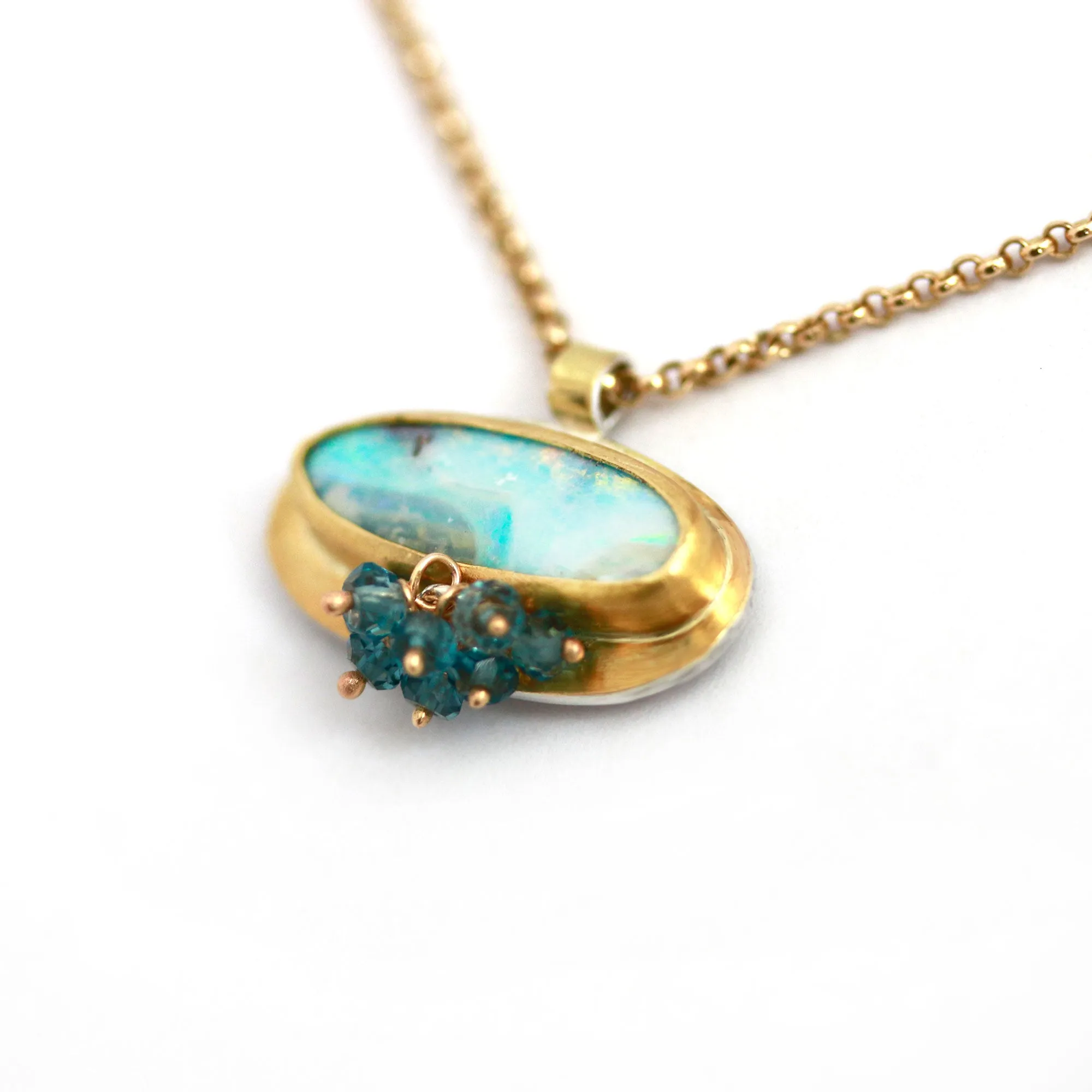 Sold! Creams and Teal Blue Swirl Boulder Opal with London Blue Topaz Cluster Necklace