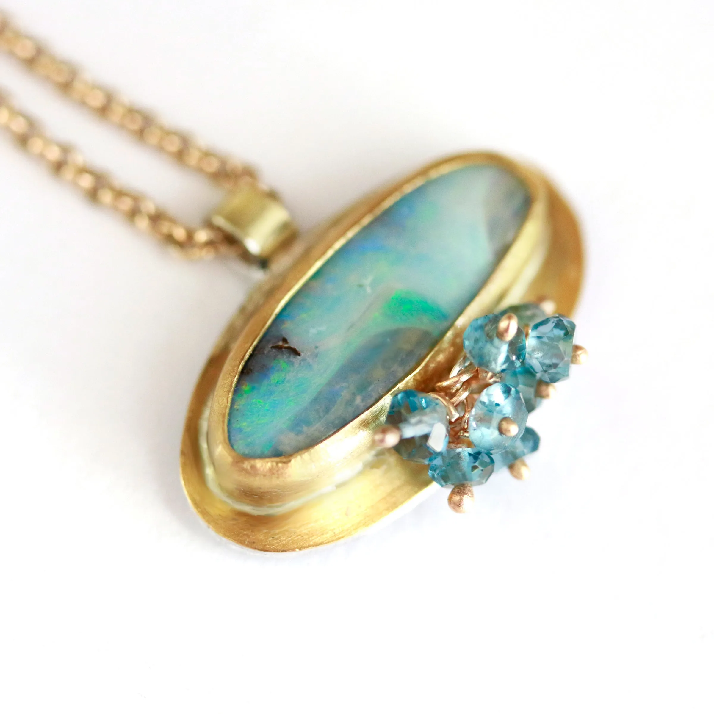 Sold! Creams and Teal Blue Swirl Boulder Opal with London Blue Topaz Cluster Necklace