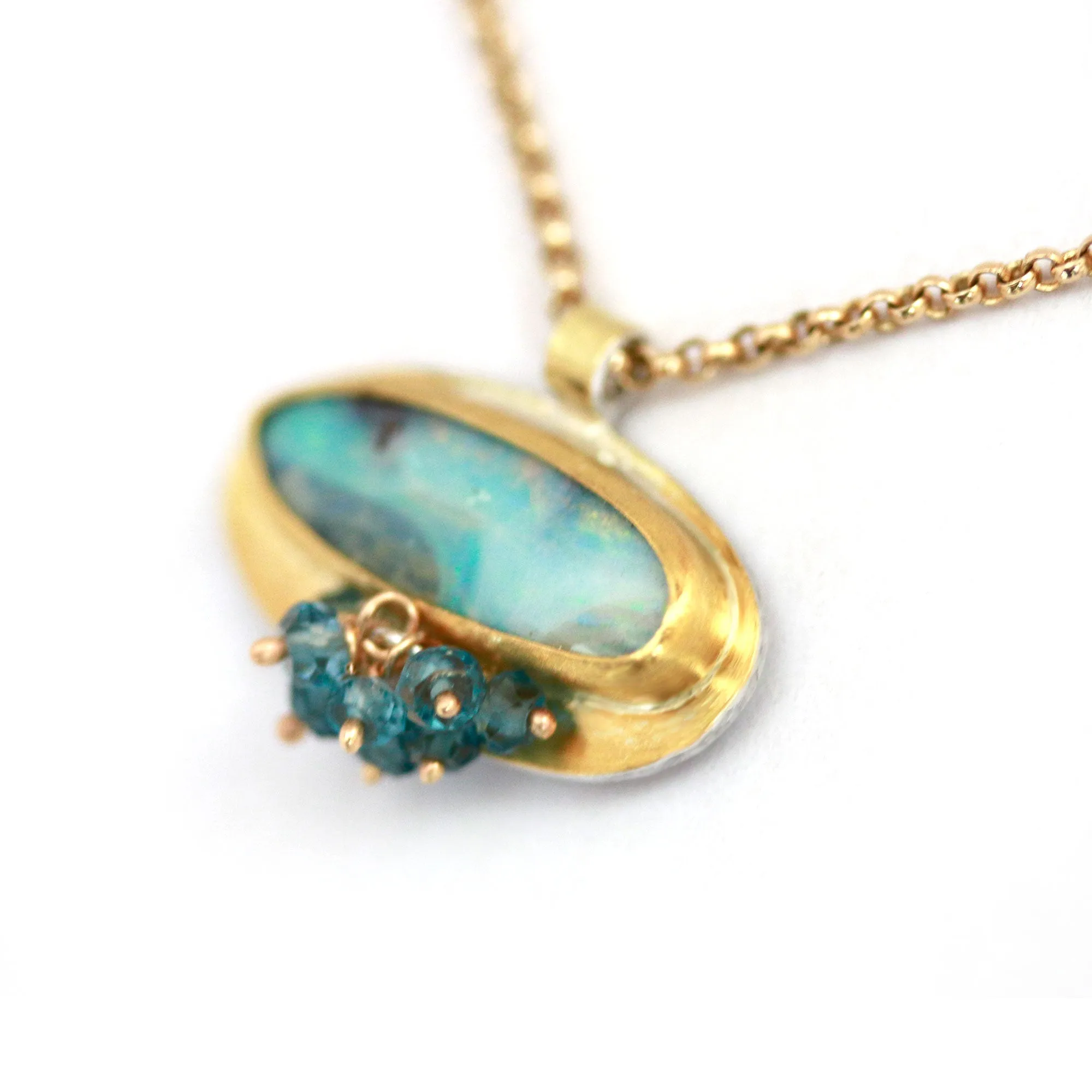 Sold! Creams and Teal Blue Swirl Boulder Opal with London Blue Topaz Cluster Necklace