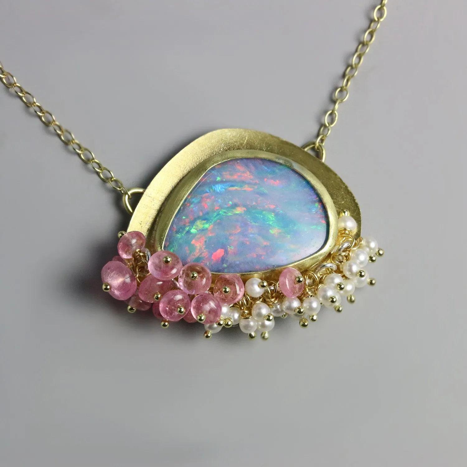 Sold - Opal Pendant with Pink Tourmaline and Pearl Fringe