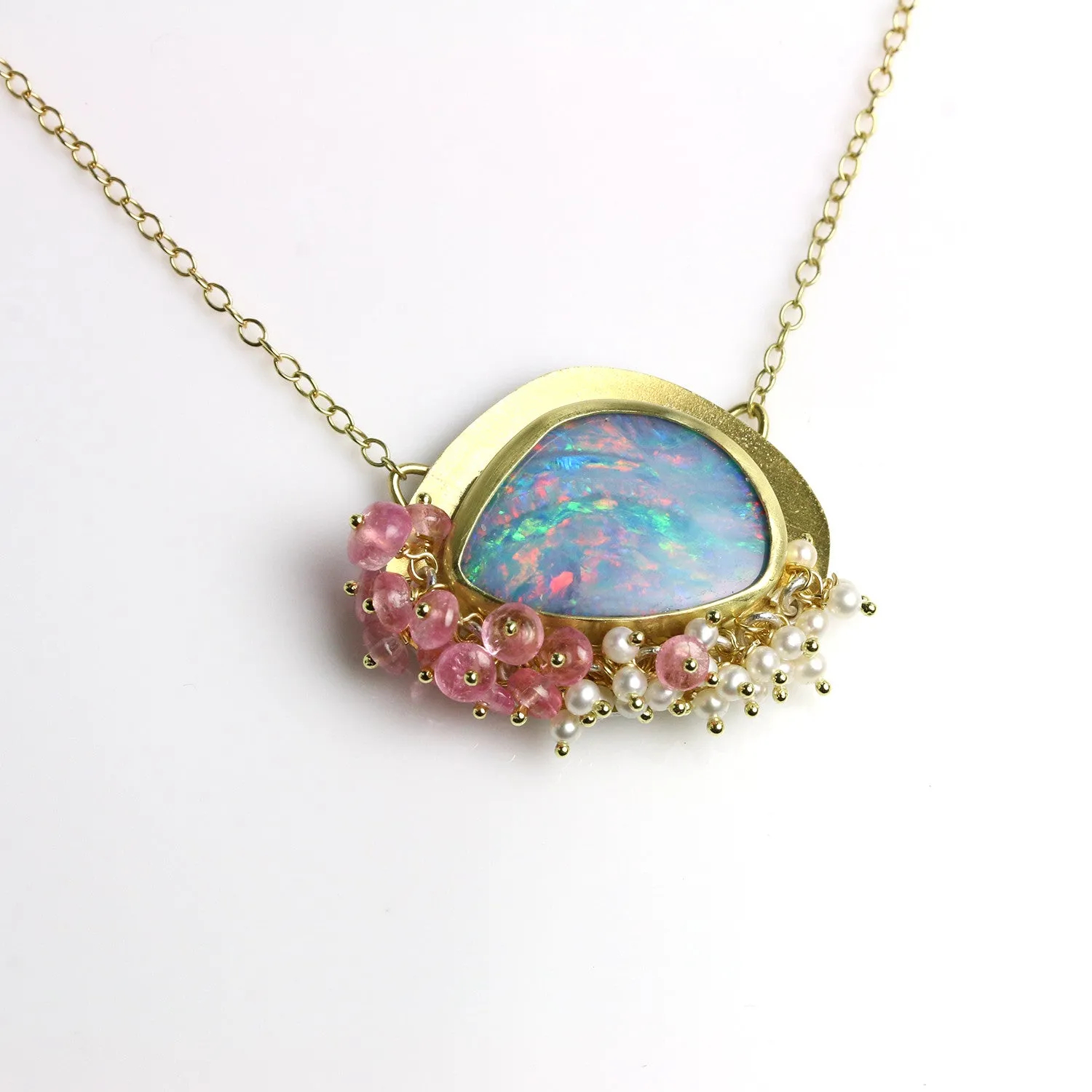 Sold - Opal Pendant with Pink Tourmaline and Pearl Fringe