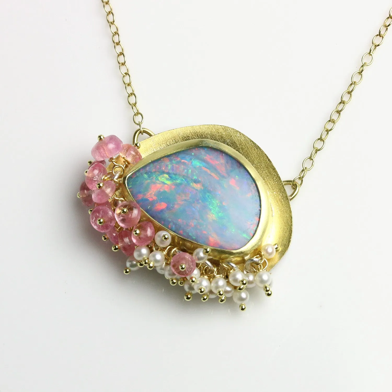 Sold - Opal Pendant with Pink Tourmaline and Pearl Fringe