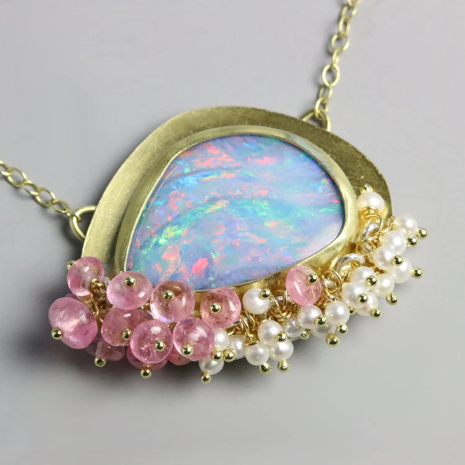 Sold - Opal Pendant with Pink Tourmaline and Pearl Fringe