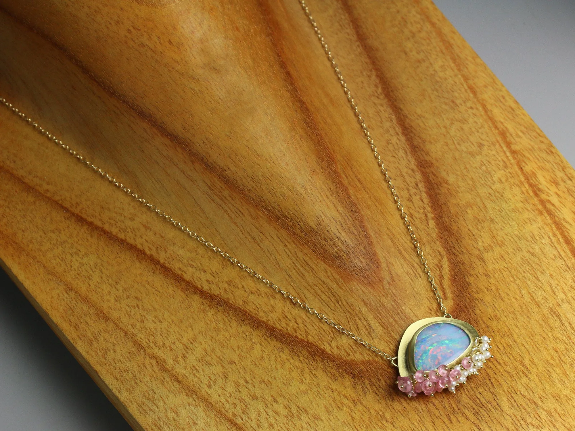 Sold - Opal Pendant with Pink Tourmaline and Pearl Fringe