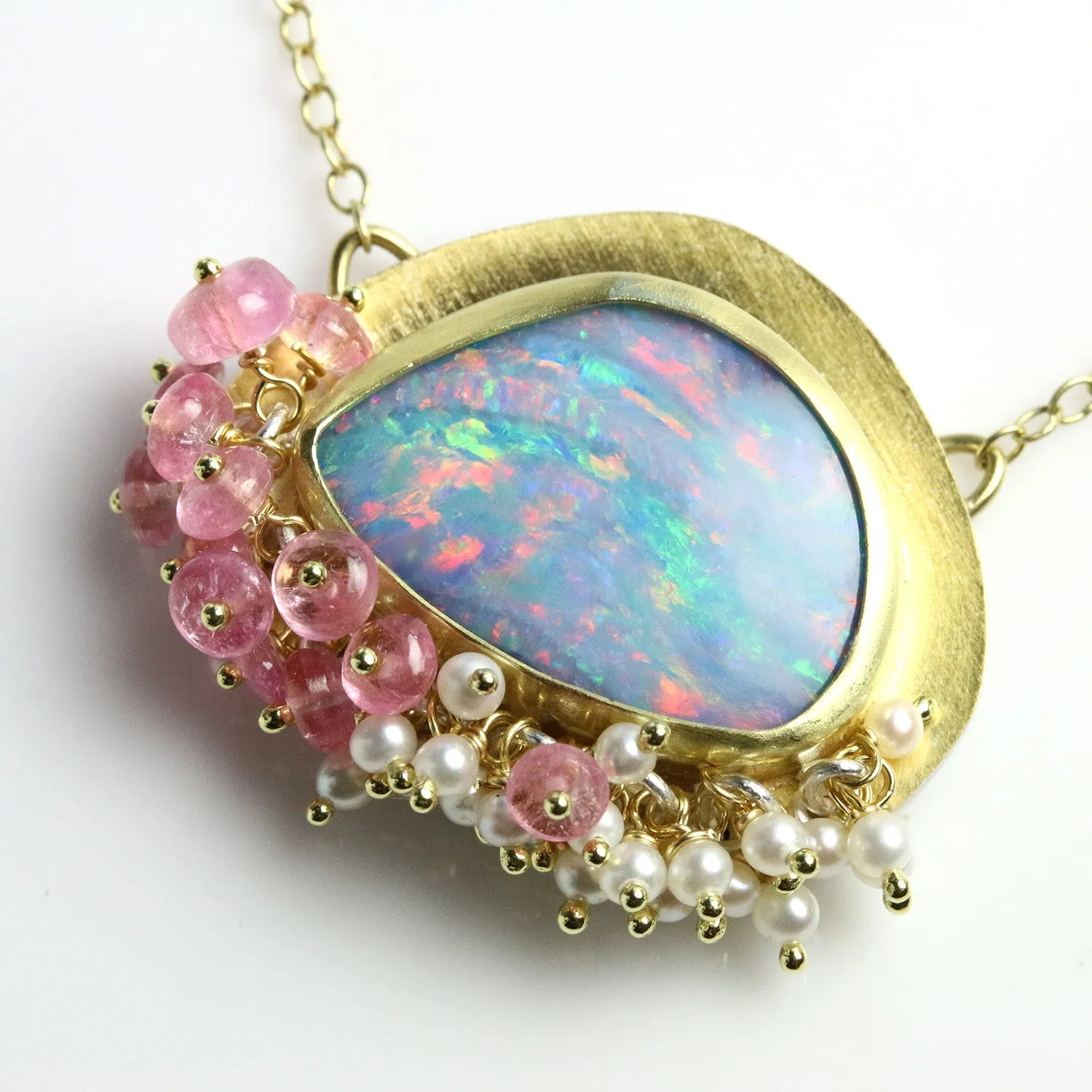 Sold - Opal Pendant with Pink Tourmaline and Pearl Fringe