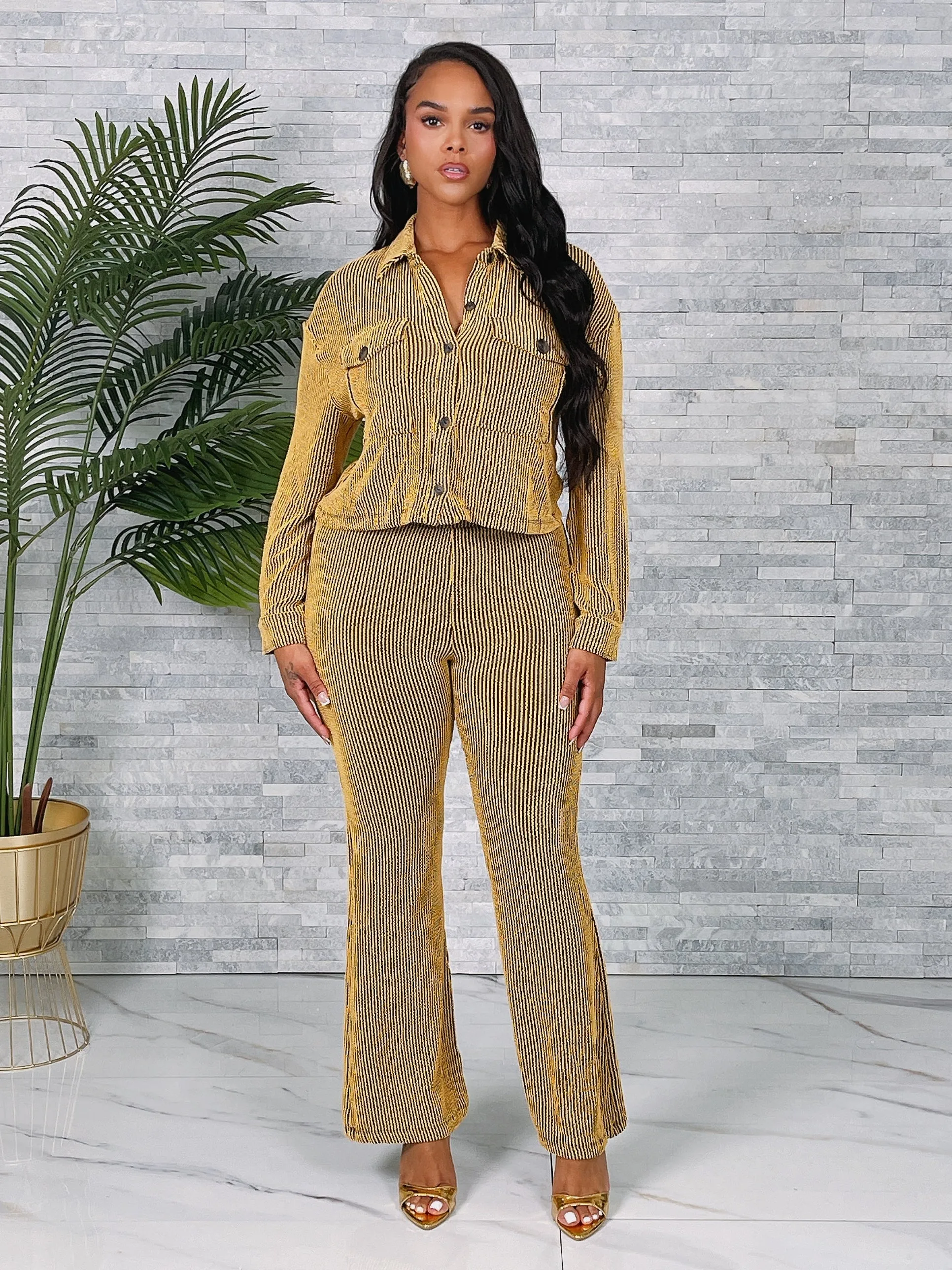 ST4512P - RIB LS BUTTON TOP & FLARE PANTS SET