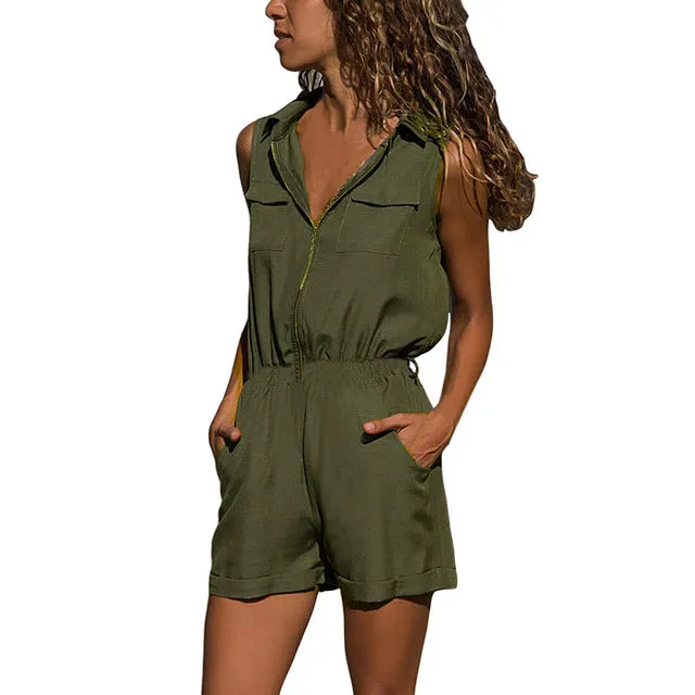 Summer Women Short Jumpsuit Lapel Buttons Romper Plus Size Playsuit High Waist Lace Up Ladies Solid Color Sleeveless Jumpsuit