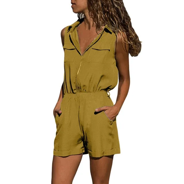 Summer Women Short Jumpsuit Lapel Buttons Romper Plus Size Playsuit High Waist Lace Up Ladies Solid Color Sleeveless Jumpsuit