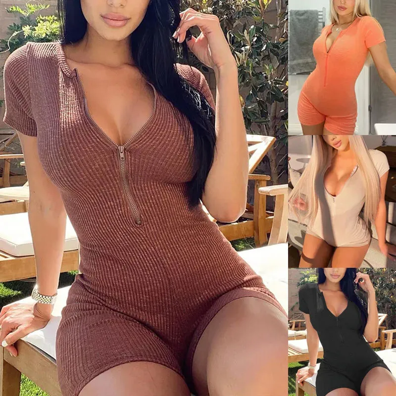 Thorn Deep V-neck Zip Up Ribbed Short Sleeve Skinny Jumpsuits
