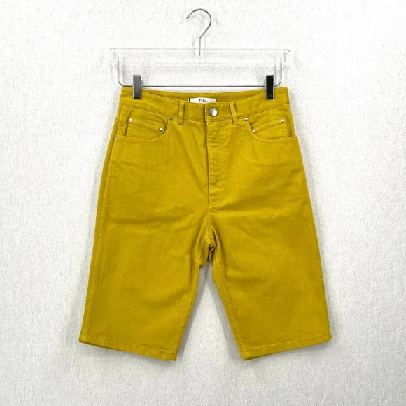 TIBI Shorts Womens 26 Mustard Hue Knee Length Bermuda Trish Denim Garment Dyed