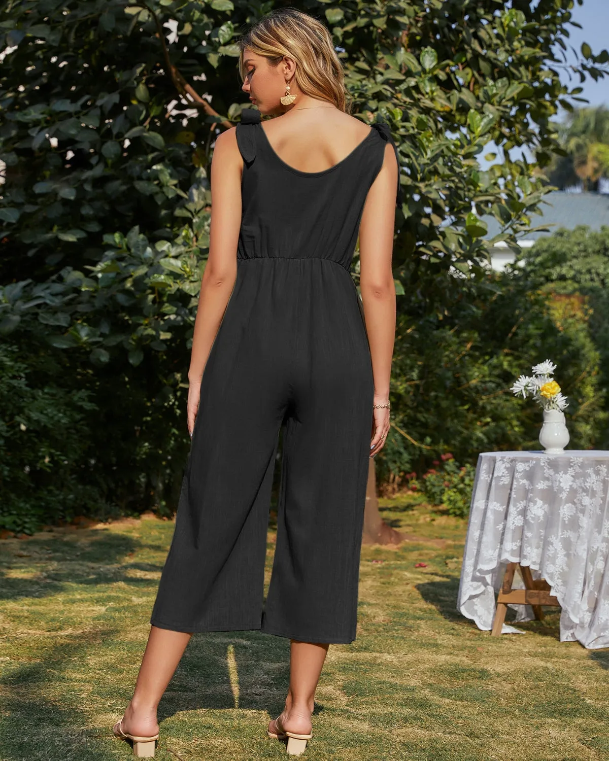 Tie-Bow Strap Sleeveless Linen Jumpsuit - Black