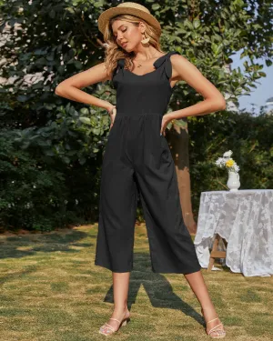 Tie-Bow Strap Sleeveless Linen Jumpsuit - Black