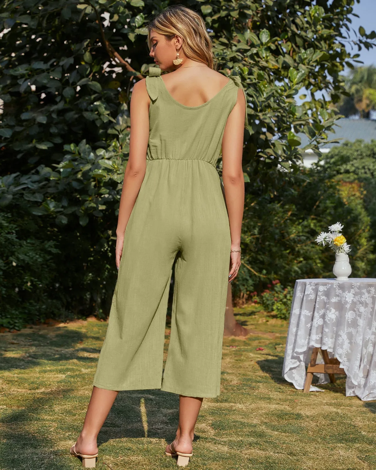 Tie-Bow Strap Sleeveless Linen Jumpsuit - Green