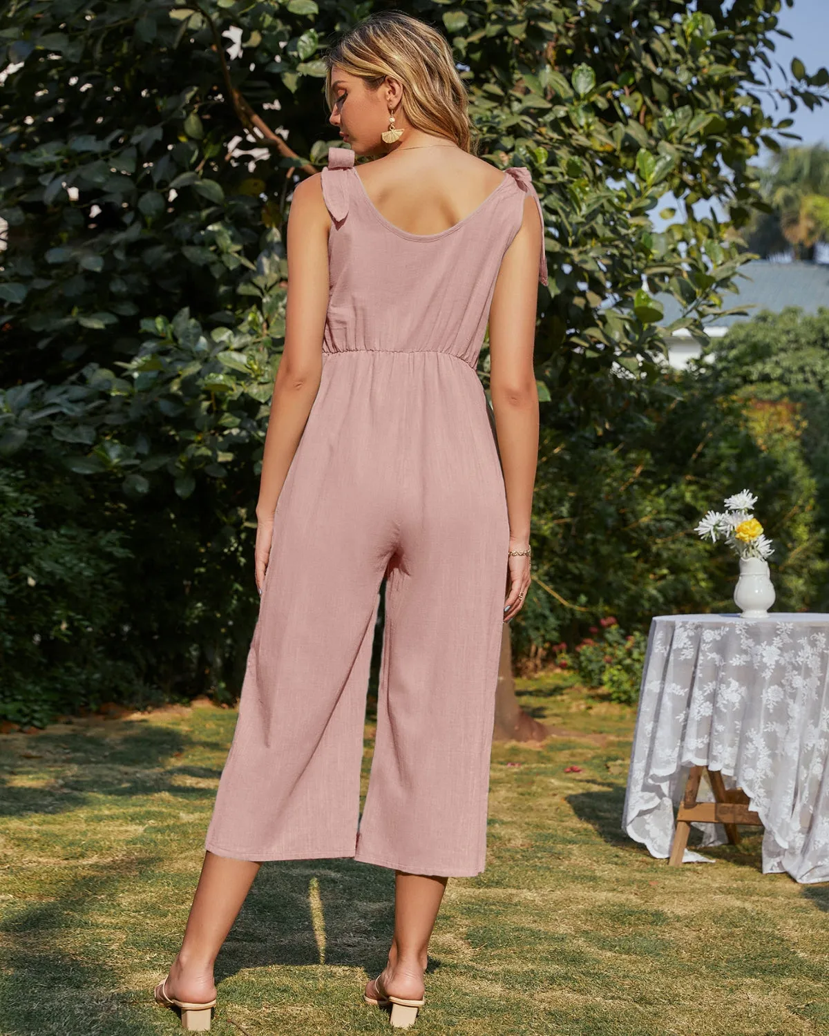 Tie-Bow Strap Sleeveless Linen Jumpsuit - Lotus