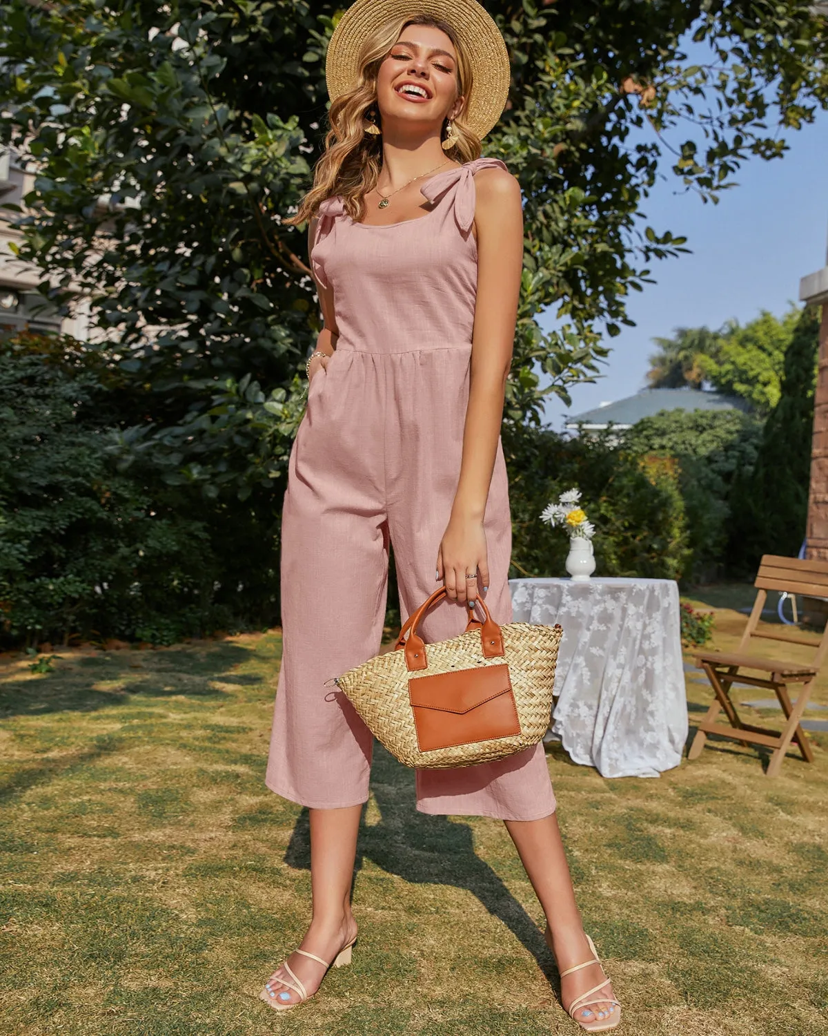 Tie-Bow Strap Sleeveless Linen Jumpsuit - Lotus