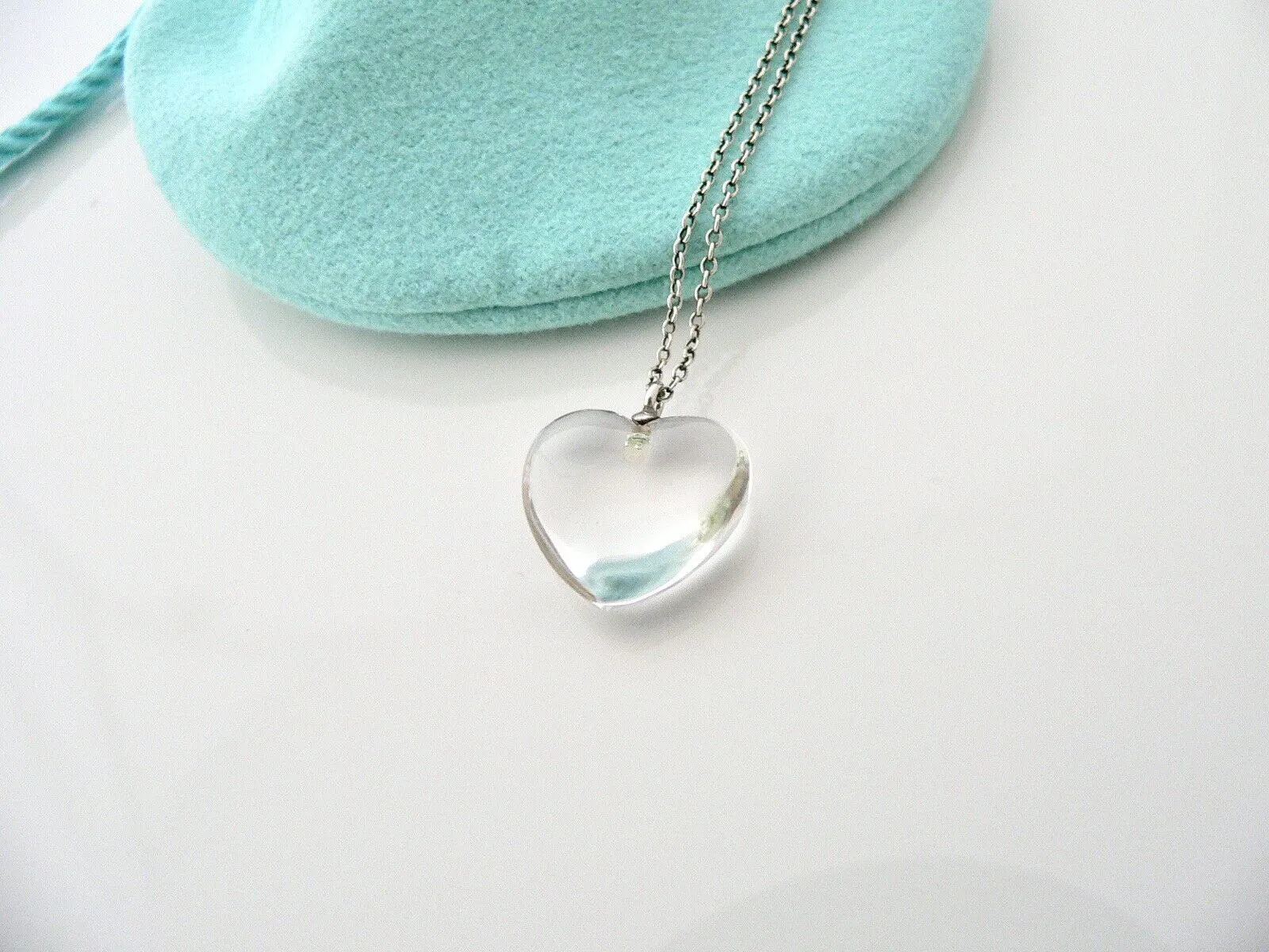 Tiffany & Co Crystal Puff Heart Necklace Pendant Charm Chain Silver Gift Pouch