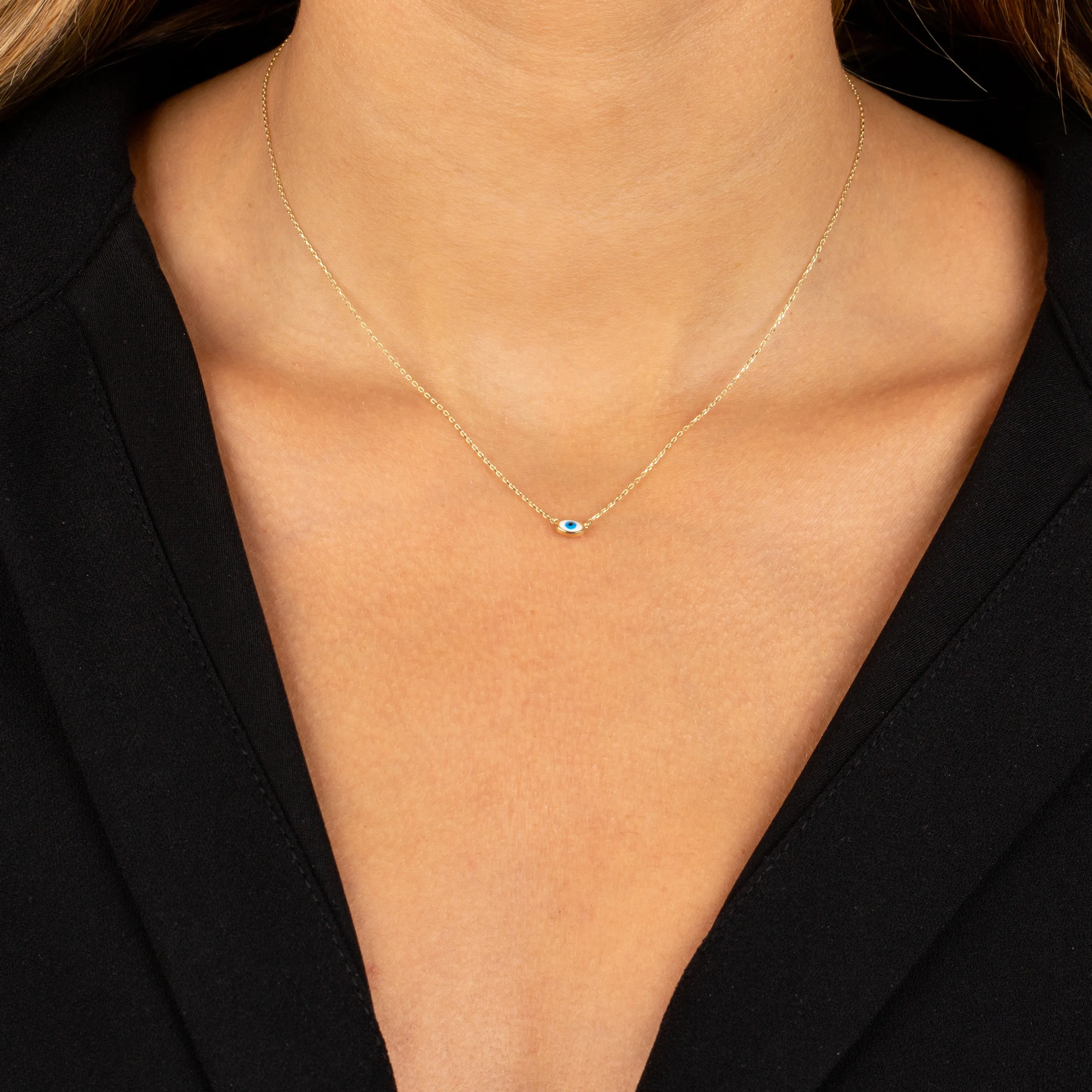 Tiny Enamel Evil Eye Necklace 14K