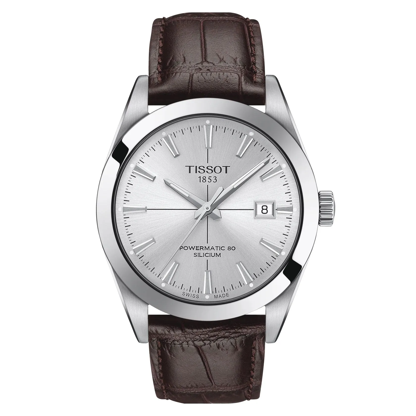 Tissot Powermatic 80 Silicium Mens Stainless Steel Dark Brown Leather Strap Watch