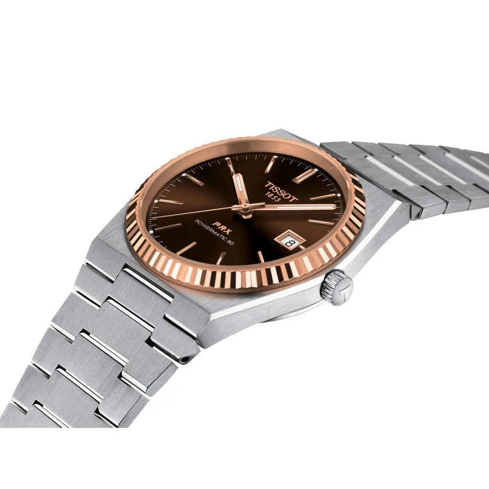 Tissot PRX Powermatic 80 Mens Stainless Steel and 18K Rose Gold Bezel Brown Dial Watch