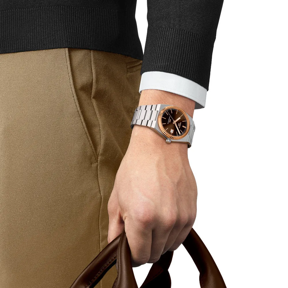 Tissot PRX Powermatic 80 Mens Stainless Steel and 18K Rose Gold Bezel Brown Dial Watch