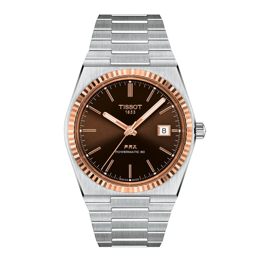 Tissot PRX Powermatic 80 Mens Stainless Steel and 18K Rose Gold Bezel Brown Dial Watch