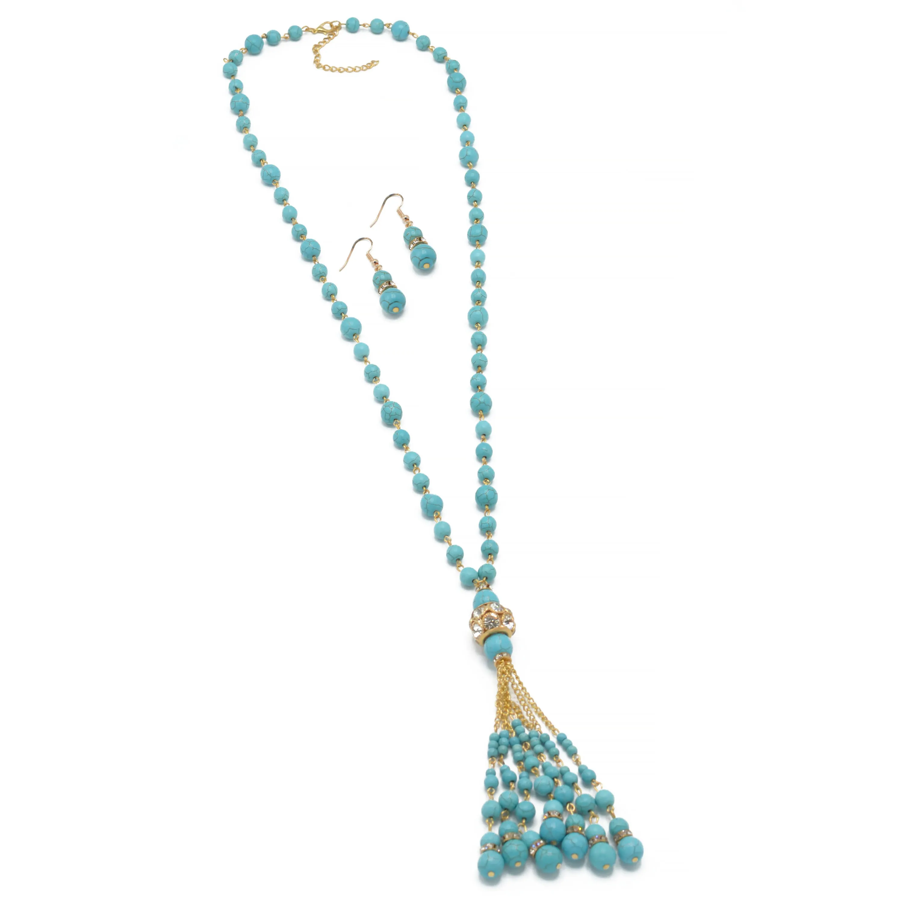 TURQUOISE AND CRYSTAL TASSEL NECKLACE AND EARRINGS SET #SWKK-1961(EG6/JB1)