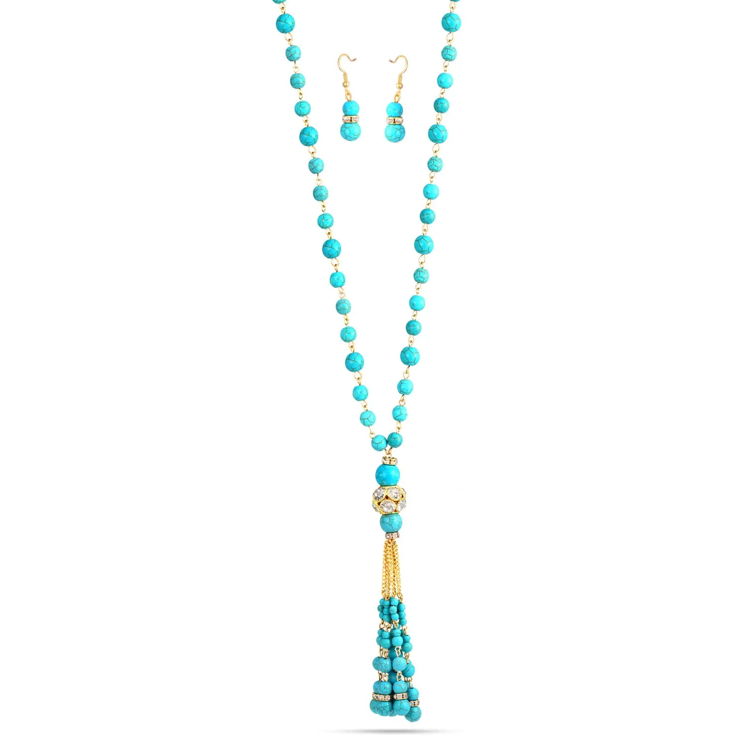 TURQUOISE AND CRYSTAL TASSEL NECKLACE AND EARRINGS SET #SWKK-1961(EG6/JB1)