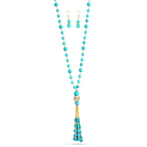 TURQUOISE AND CRYSTAL TASSEL NECKLACE AND EARRINGS SET #SWKK-1961(EG6/JB1)