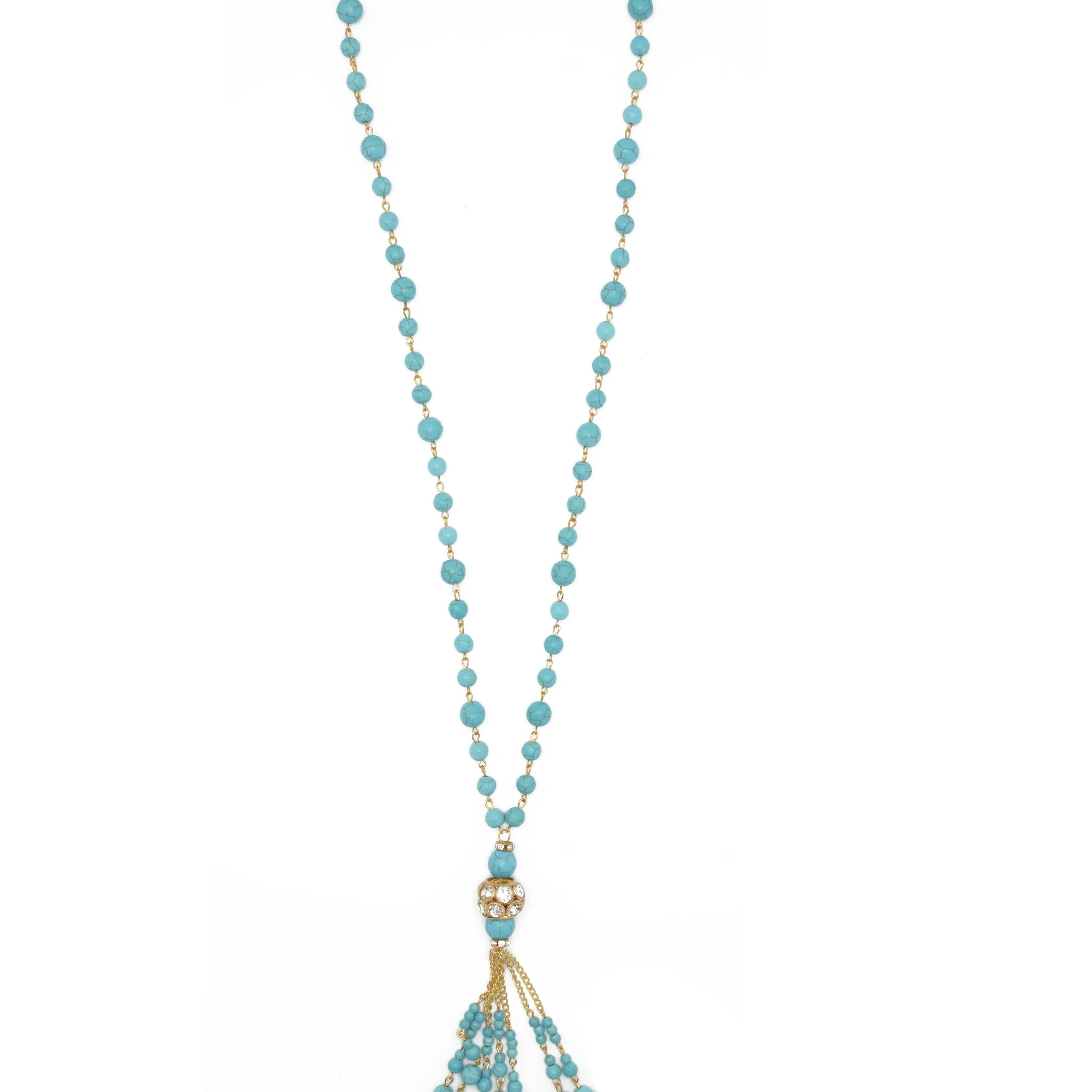 TURQUOISE AND CRYSTAL TASSEL NECKLACE AND EARRINGS SET #SWKK-1961(EG6/JB1)