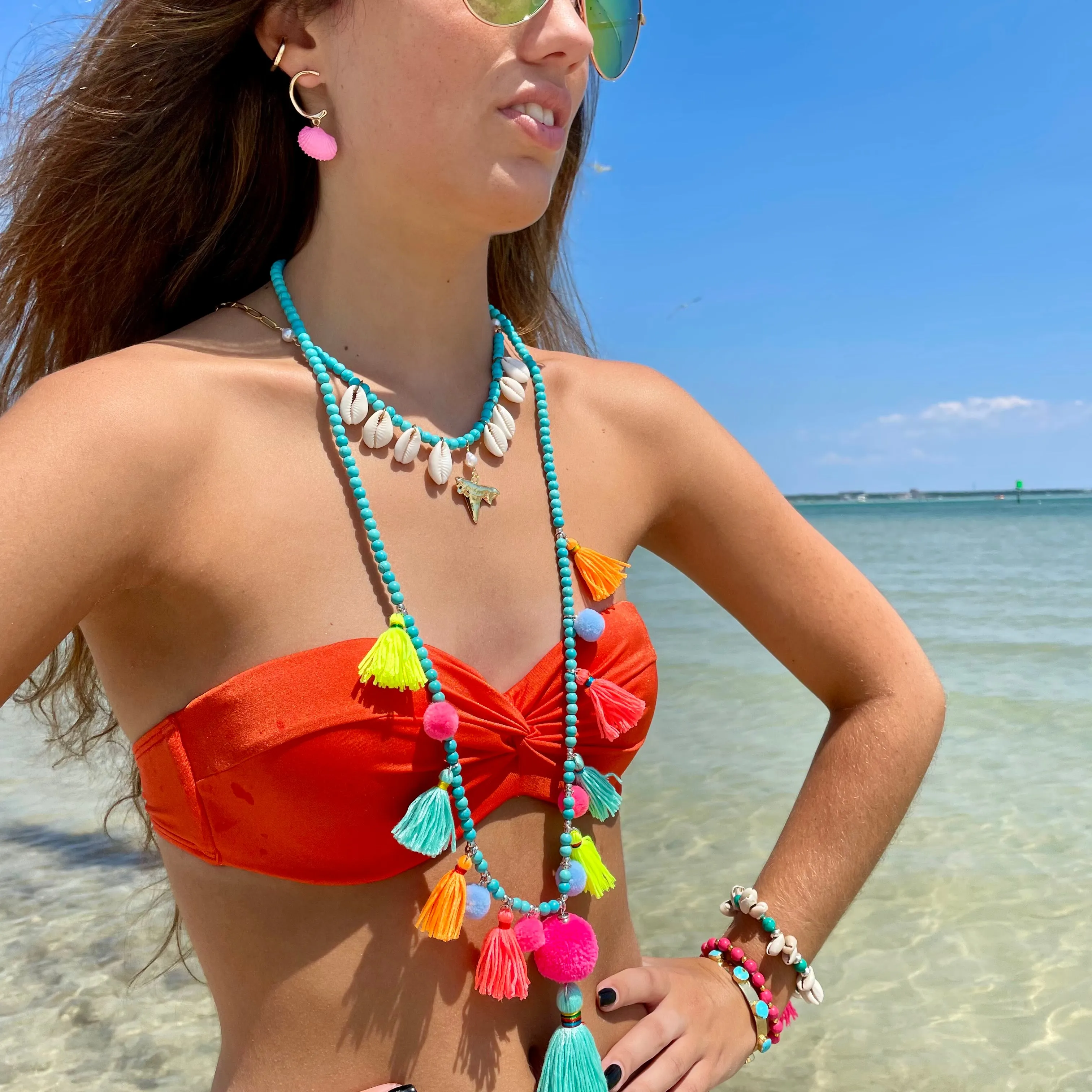 Turquoise Beaded Multicolor Neon Tassel Necklace 30" 310-01 | Erika Williner Designs