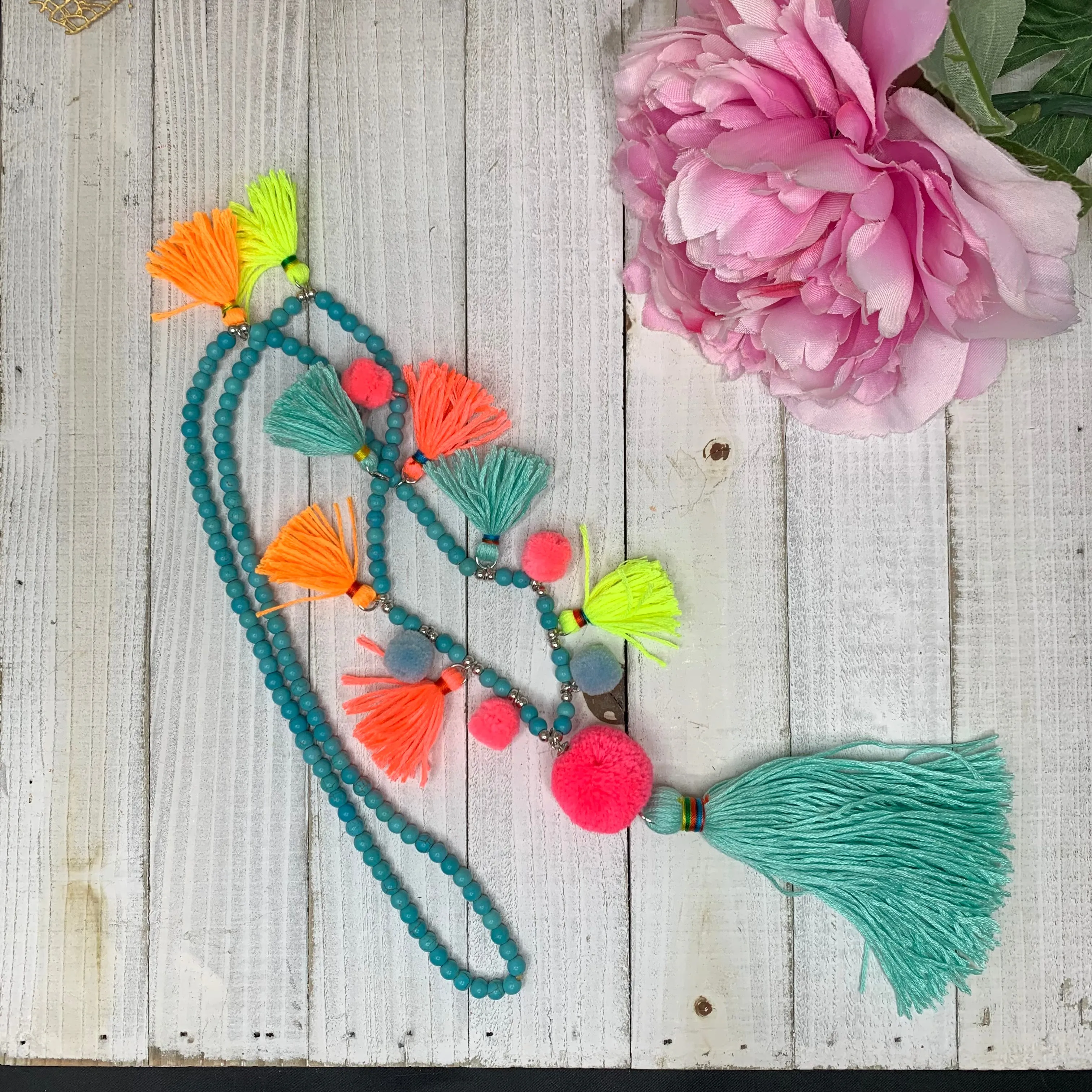 Turquoise Beaded Multicolor Neon Tassel Necklace 30" 310-01 | Erika Williner Designs