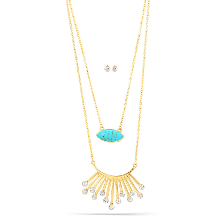 TURQUOISE CRYSTAL GOLD NECKLACES AND EARRINGS SET#SWR-CP3118GLD (SE9)