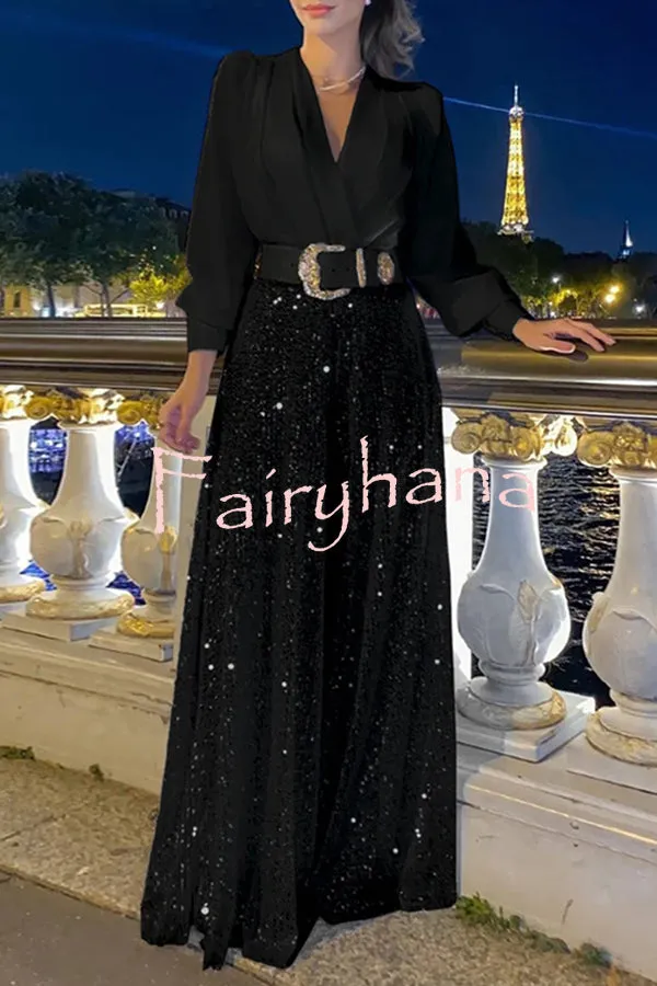 V Neck Long Sleeve Shirt Sequined Wide Leg Jumpsuit