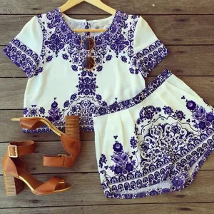 Vintage 2PCS Top set Porcelain Print White and Blue Shirt Short Sleeve Blouse Romper Shorts Jumpsuit Playsuit Clubwear NW