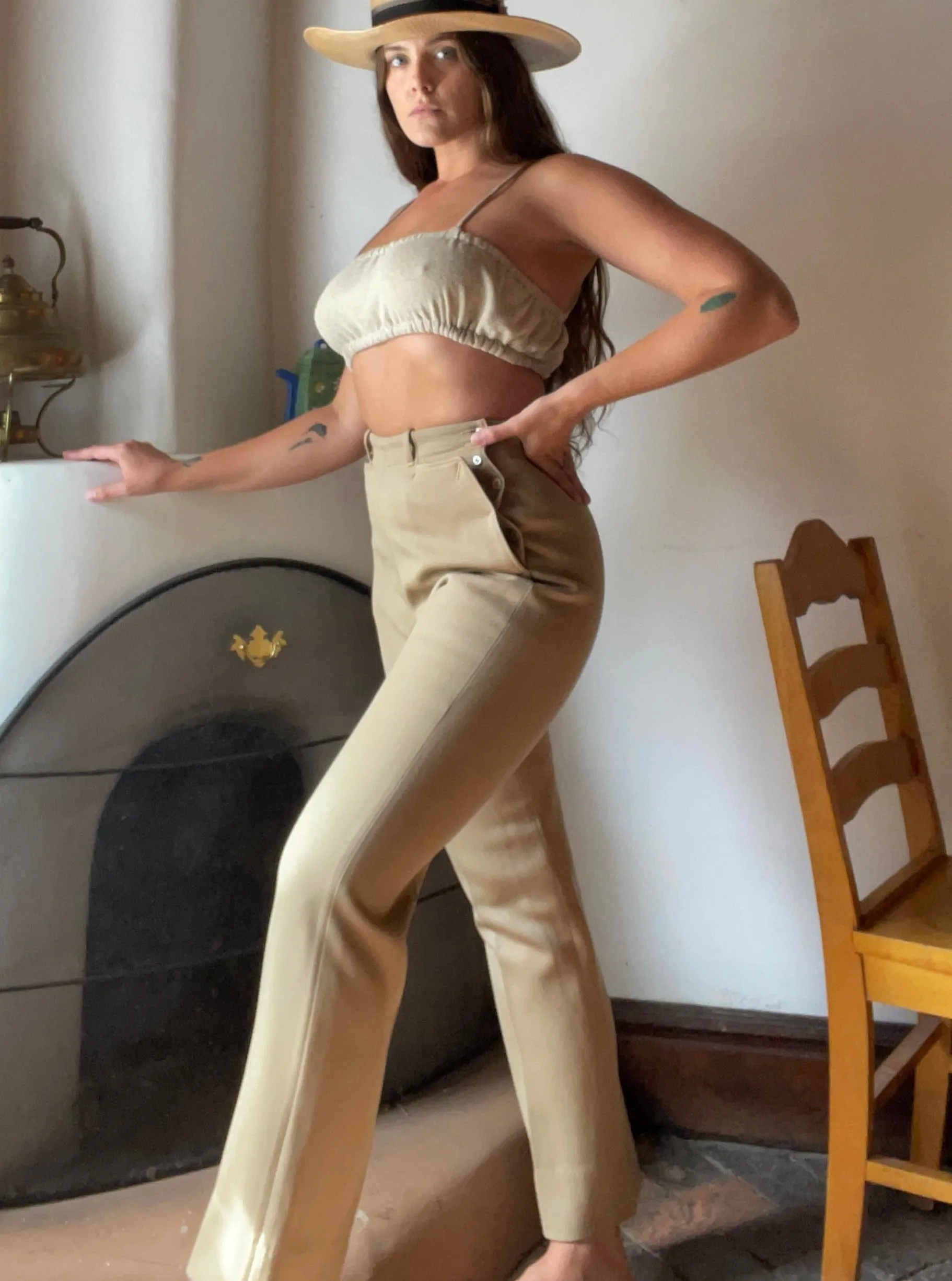 Western 1940s Wool-Gabardine Side Button Pants