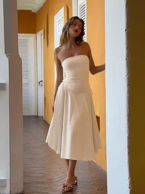 White Bandeau Midi Flared Dress