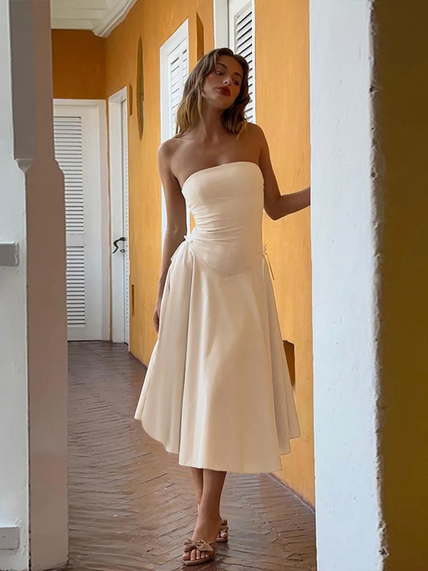 White Bandeau Midi Flared Dress