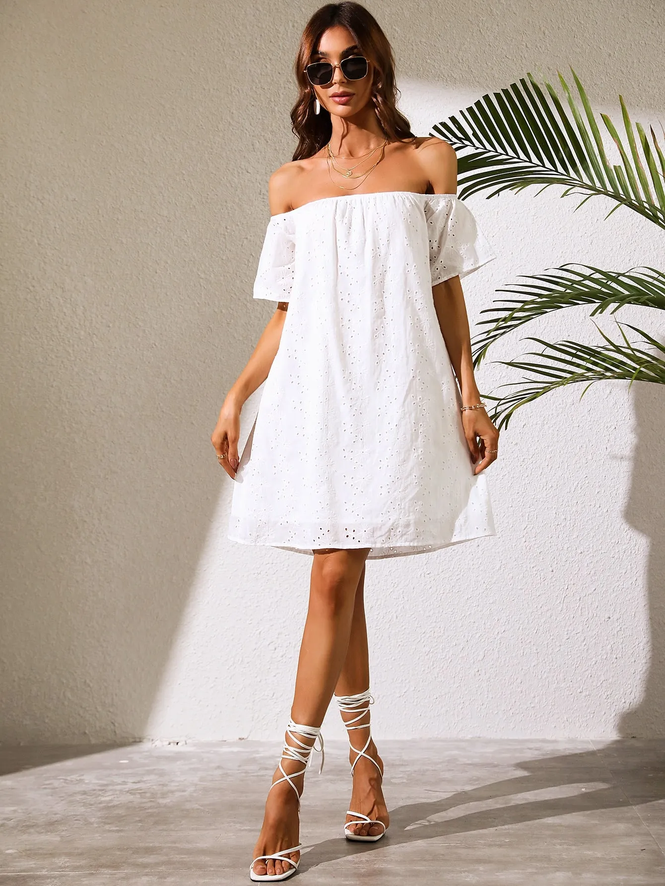 White Broad Neck Mini Dress