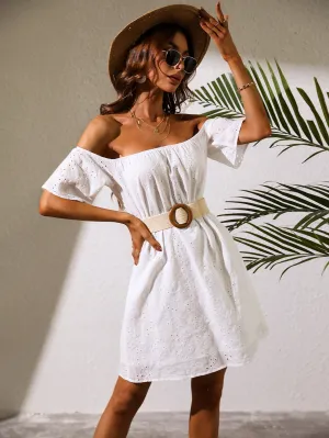 White Broad Neck Mini Dress