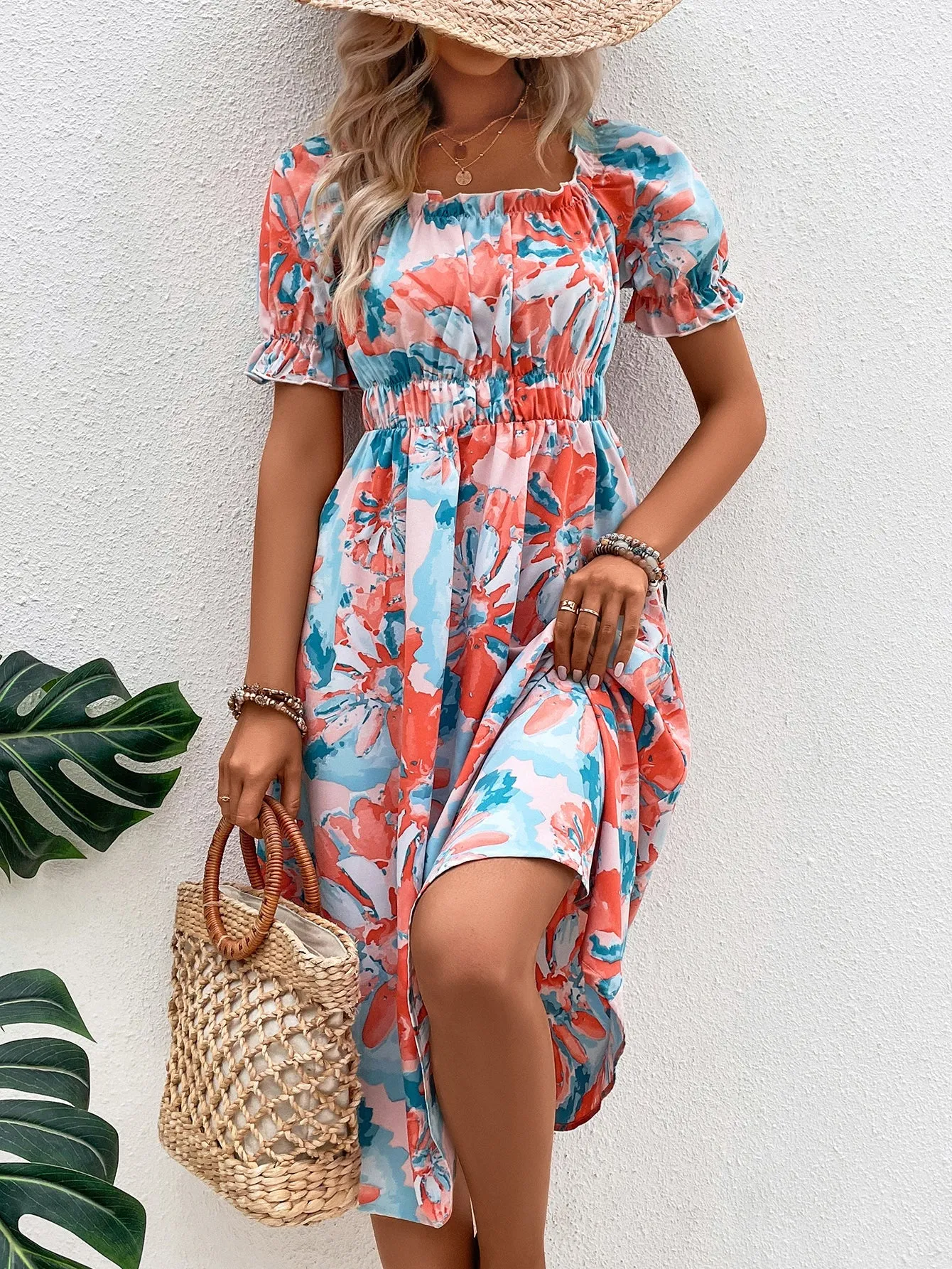White Floral Print Midi Dress