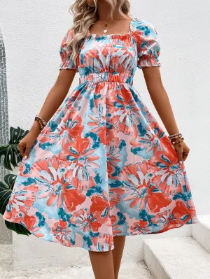 White Floral Print Midi Dress