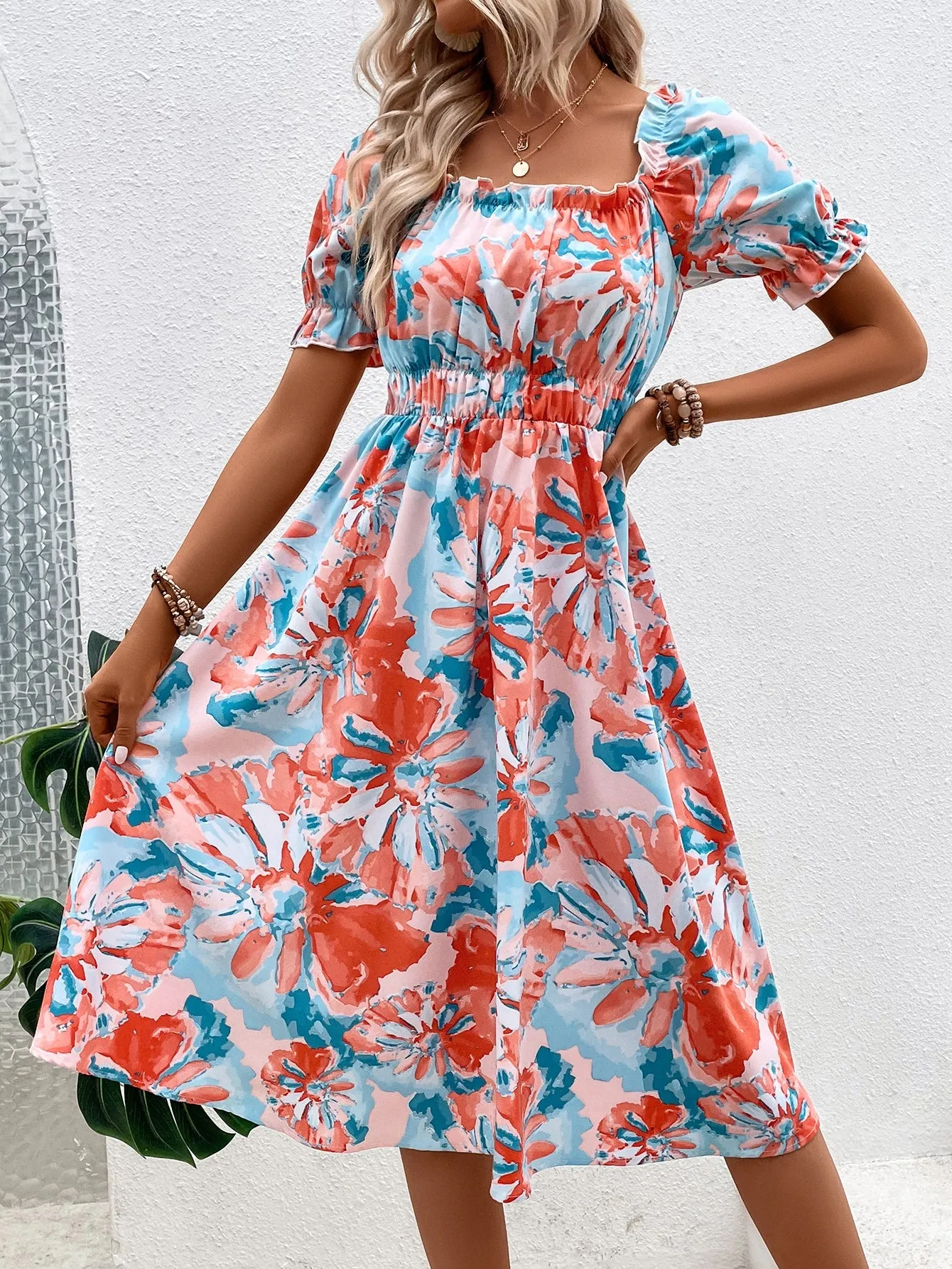 White Floral Print Midi Dress