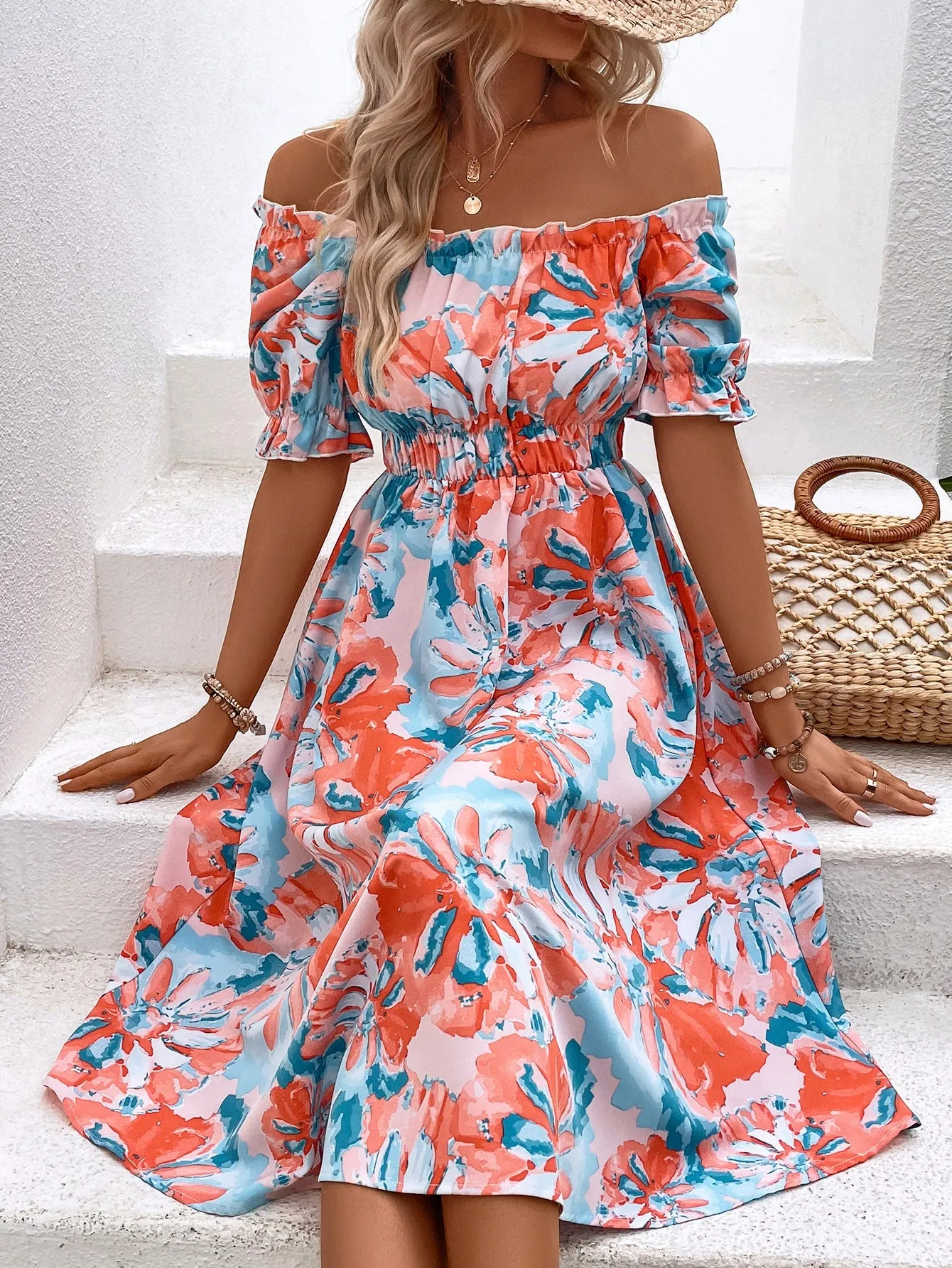 White Floral Print Midi Dress