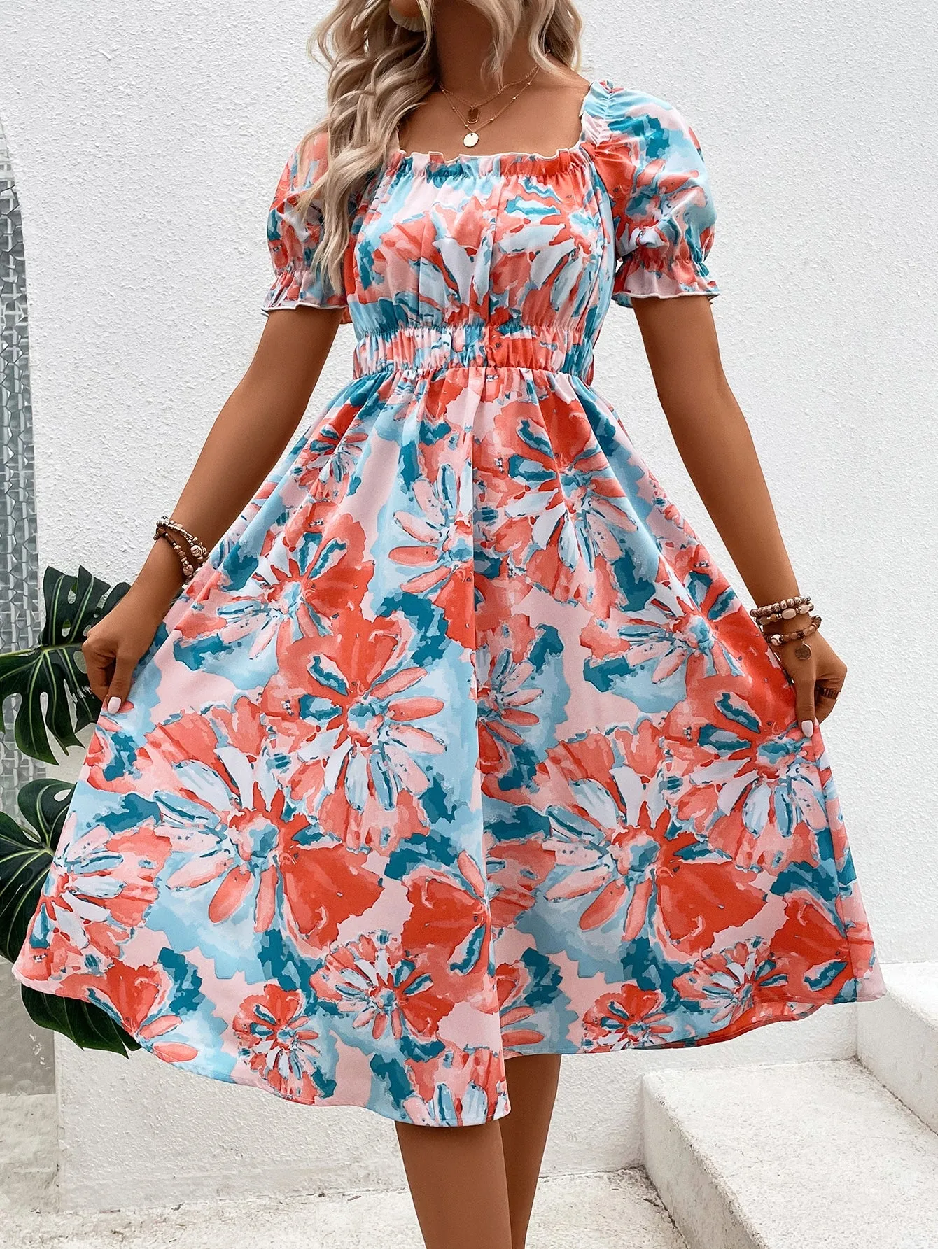 White Floral Print Midi Dress