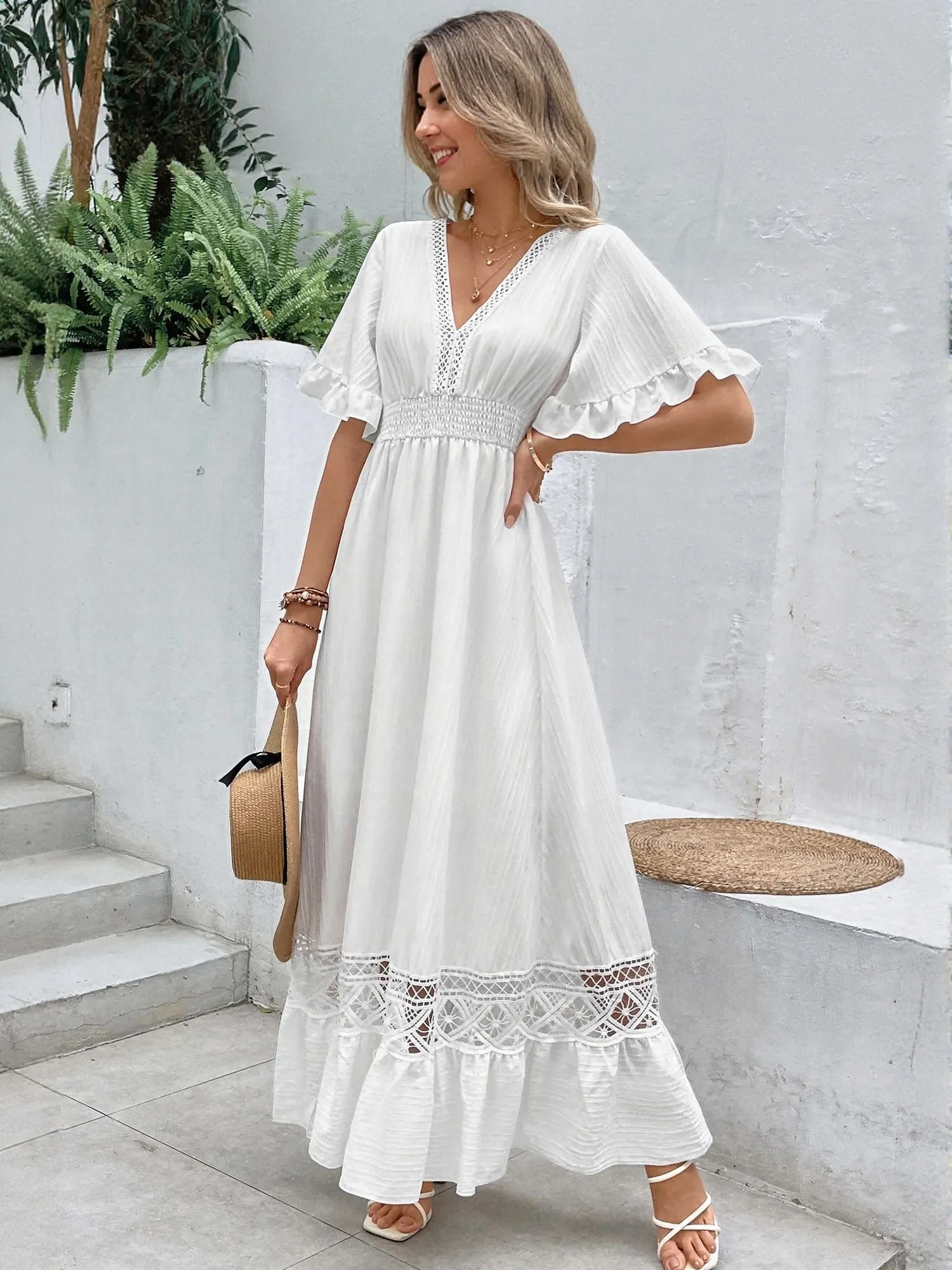 White Lace Insert Tiered Maxi Dress