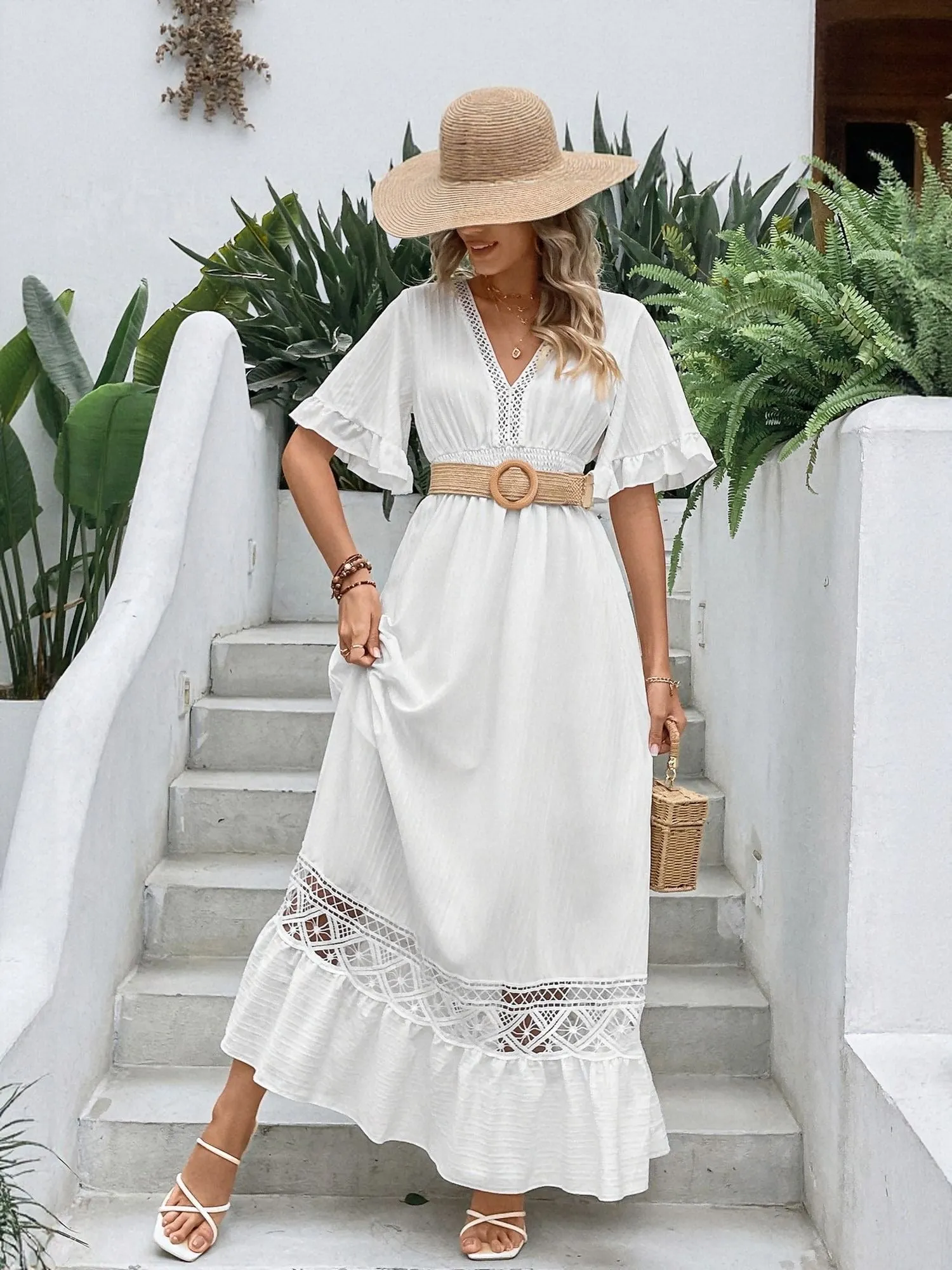 White Lace Insert Tiered Maxi Dress