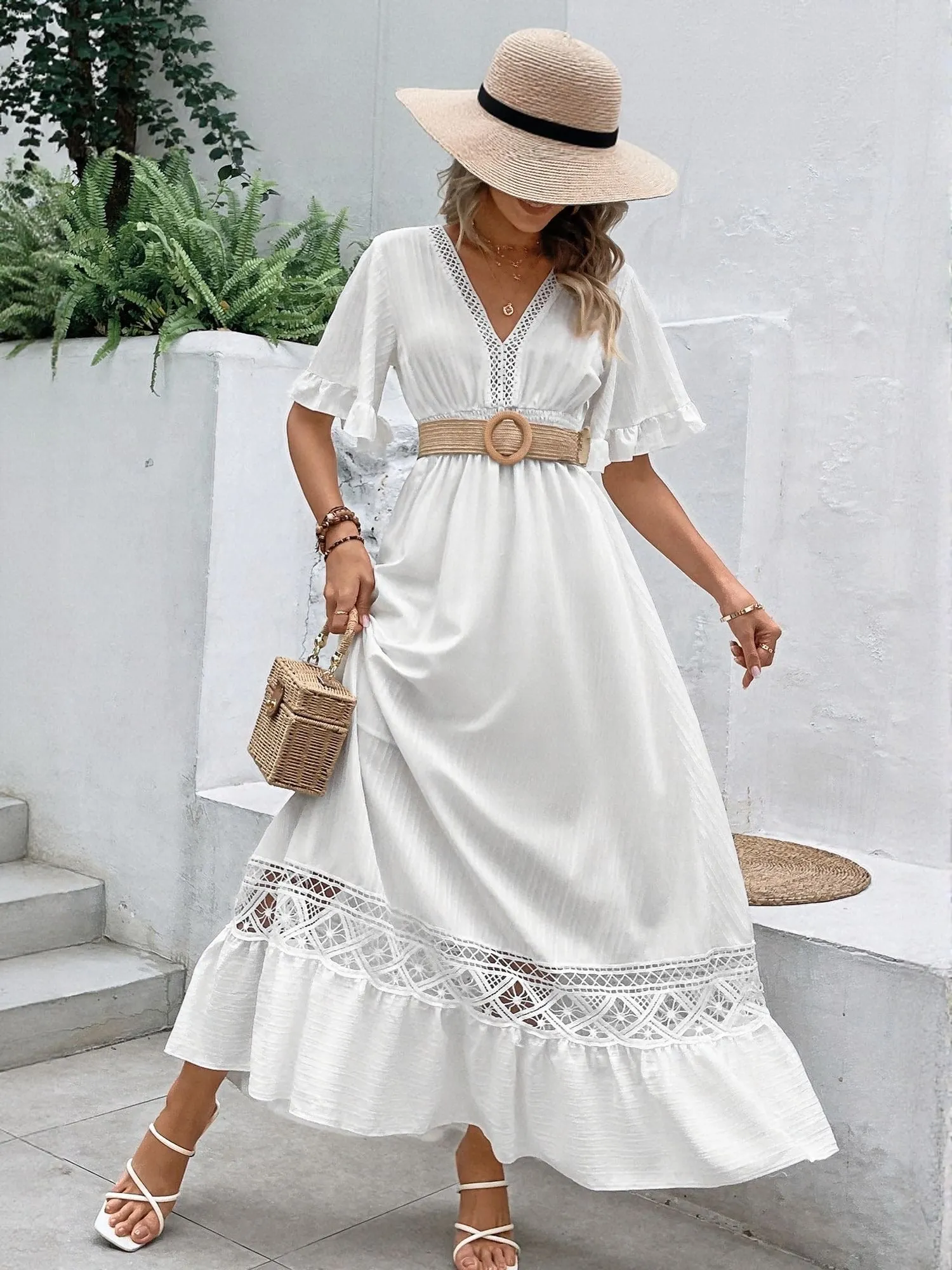 White Lace Insert Tiered Maxi Dress