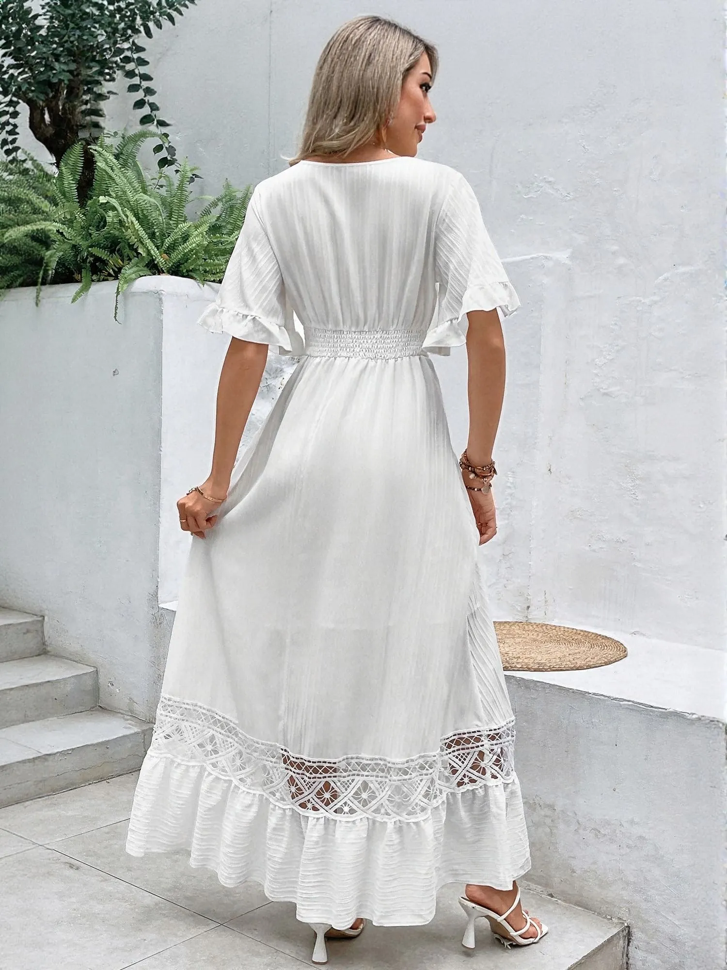 White Lace Insert Tiered Maxi Dress